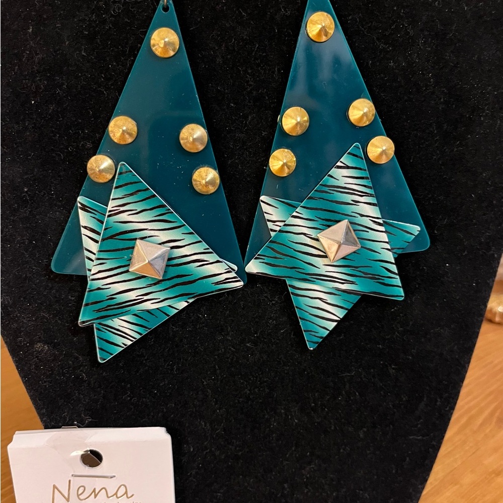 Modernistic abstract green dangle earrings with silver and gold accents by Nena